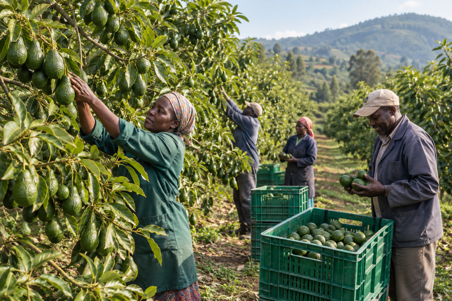 Farmers harvesting avocados from mature trees