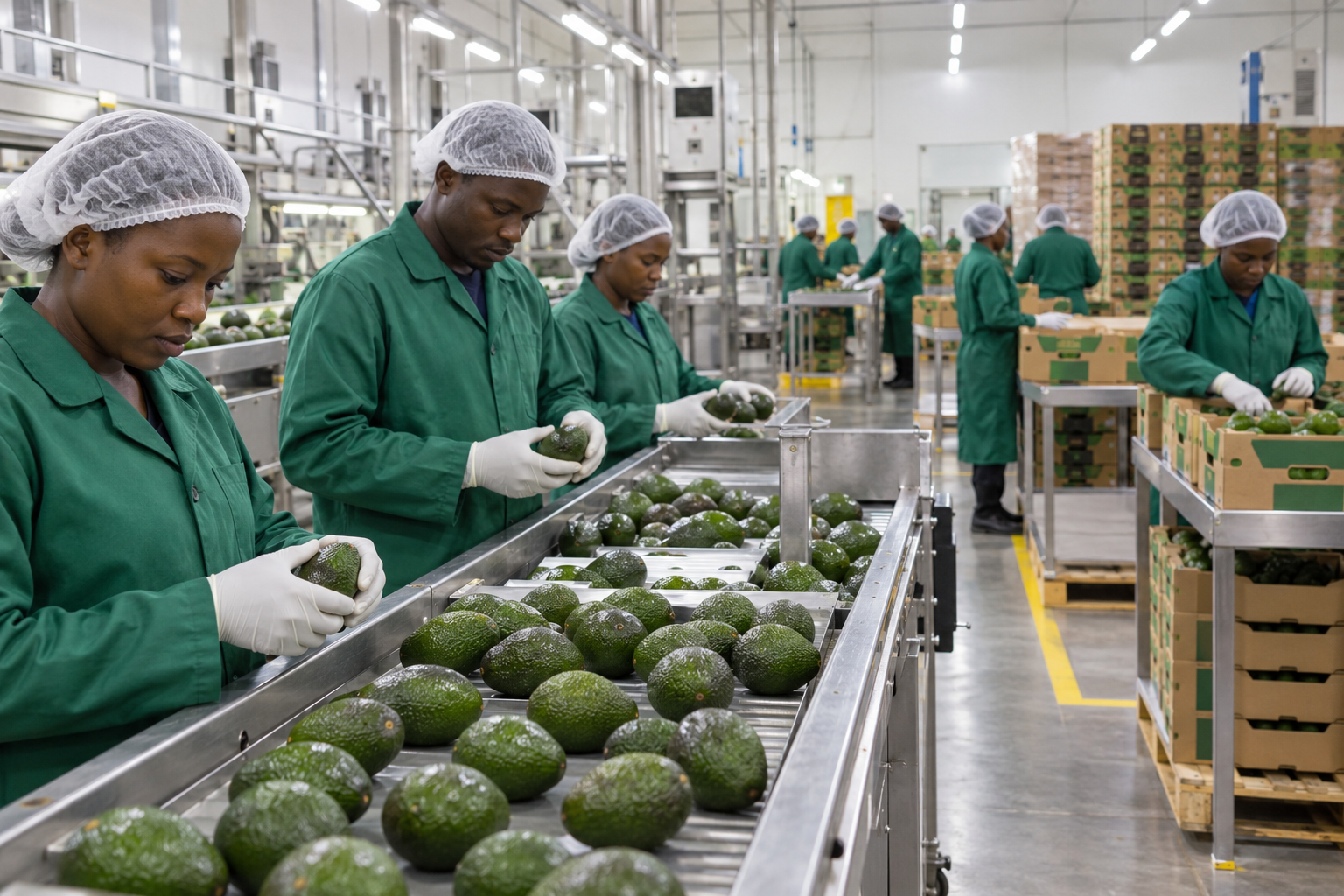 Workers inspecting avocados on a processing line