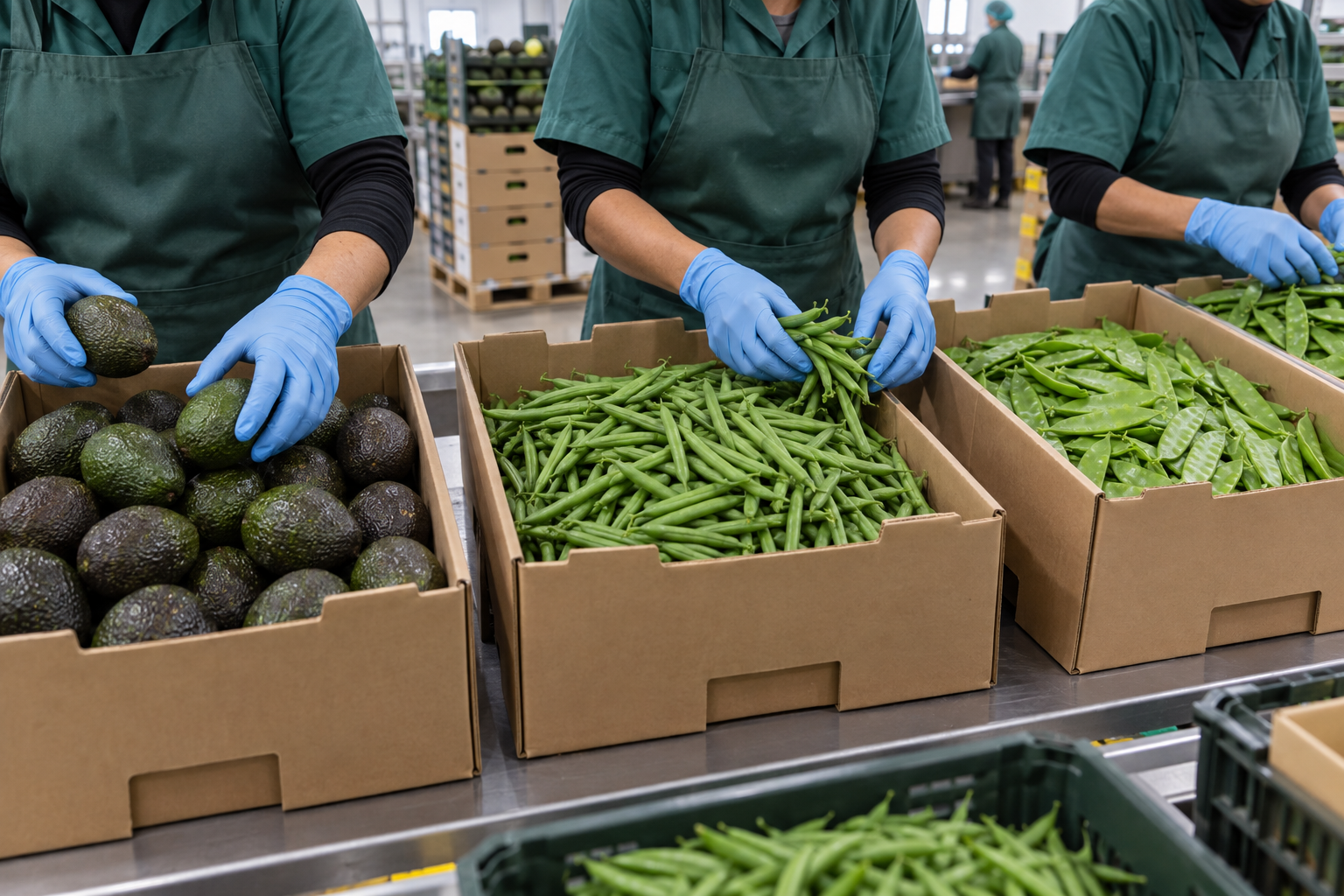 Avocados, French beans and snow peas being packed for export