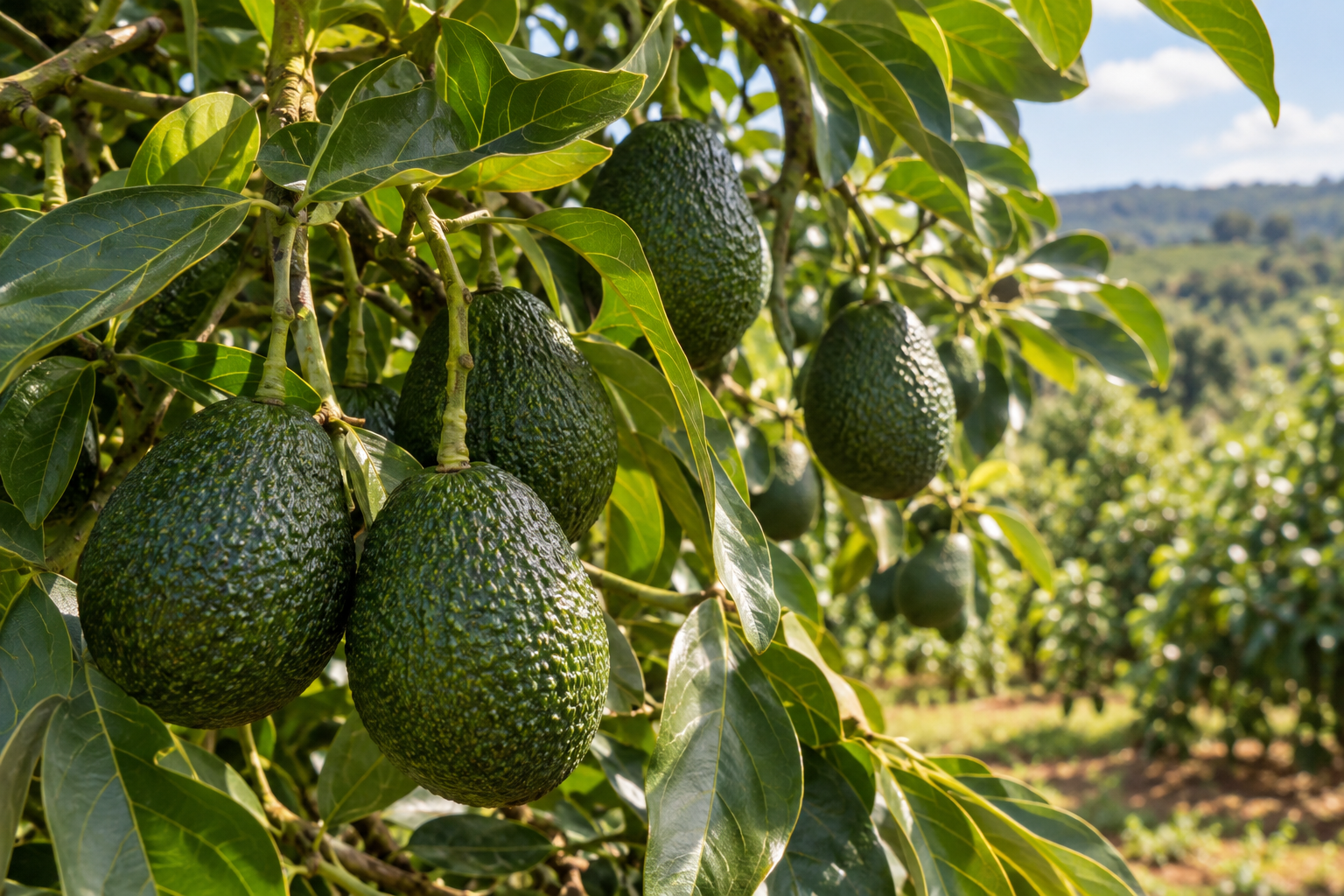 Avocados growing on trees in a Kenyan orchard