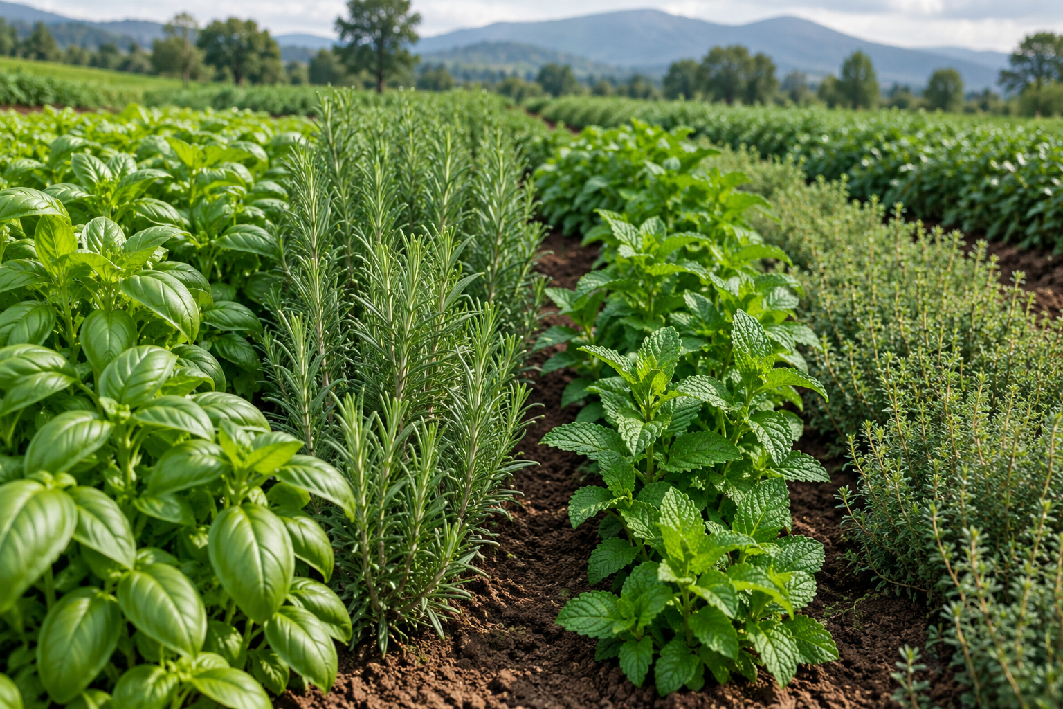 Fresh basil, rosemary, mint and thyme growing in farm rows