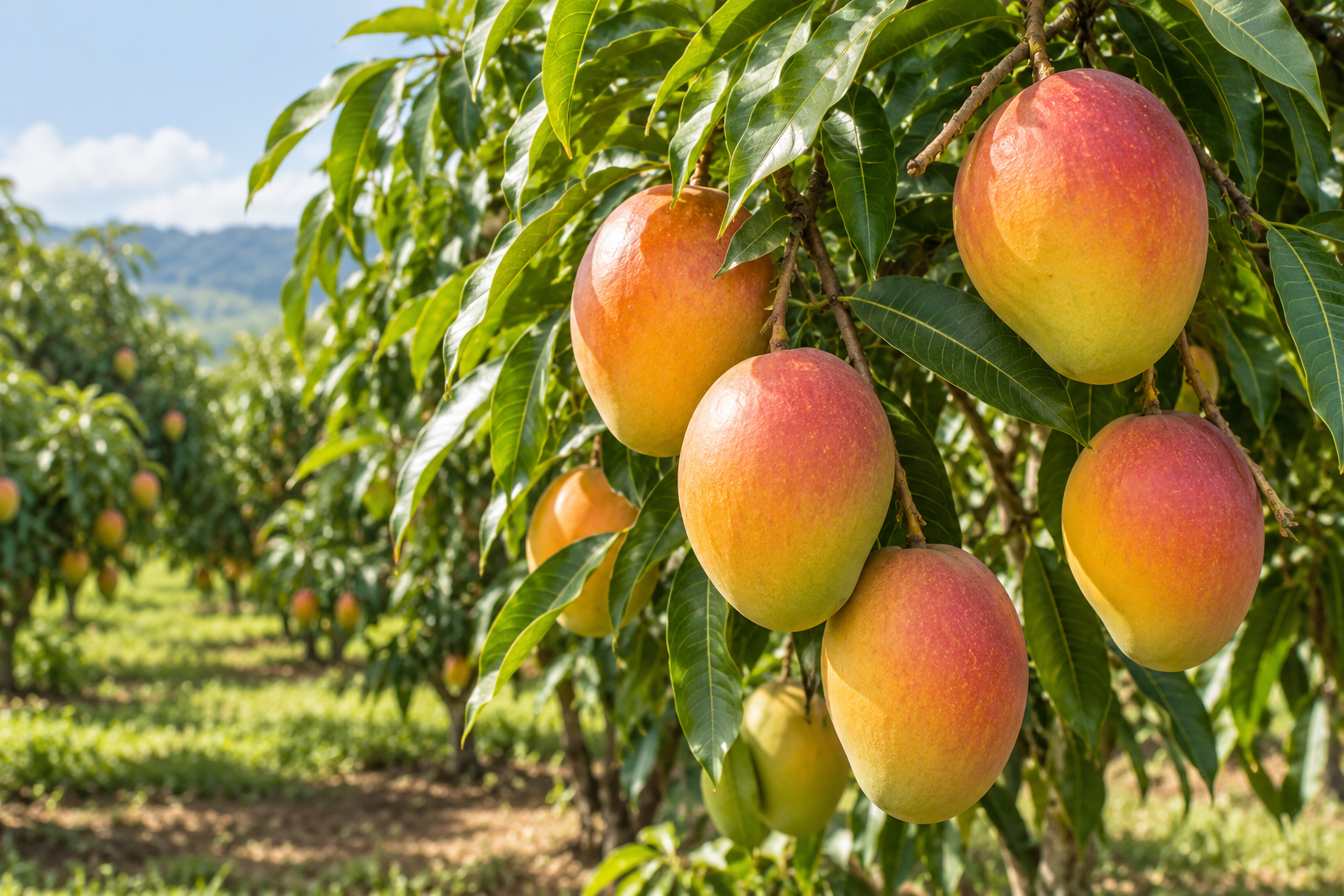 Mangoes growing on trees in a Kenyan orchard