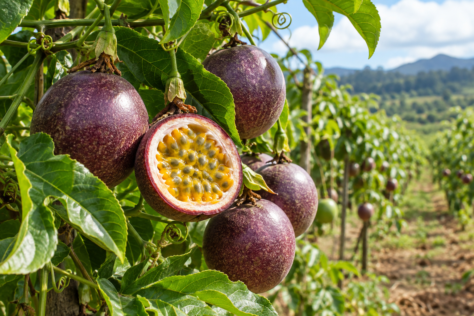Purple passion fruit growing on vines