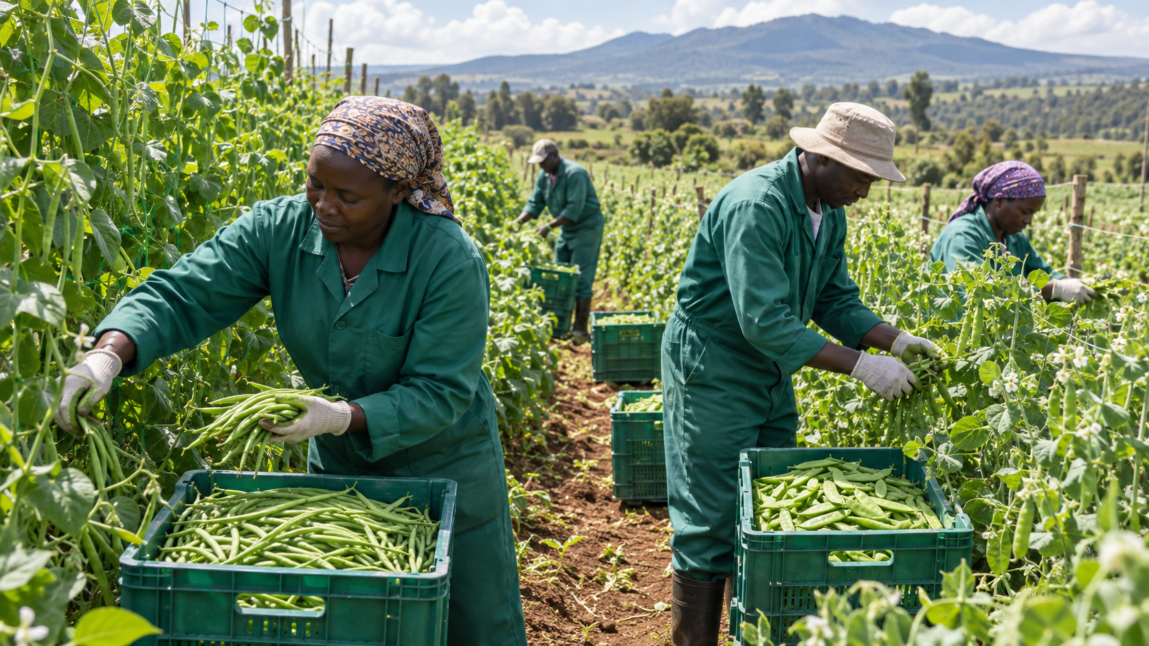 Farmers harvesting French beans and peas